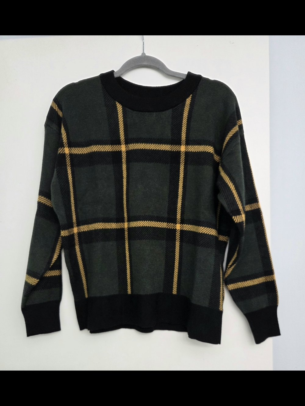 Tahari Dark Green Plaid Crewneck Sweater with Yellow Trim